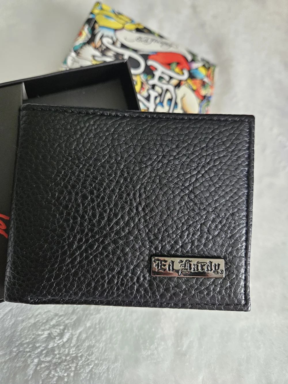 Ed Hardy Black Pebbled Leather Bi-Fold Wallet With Gift Case